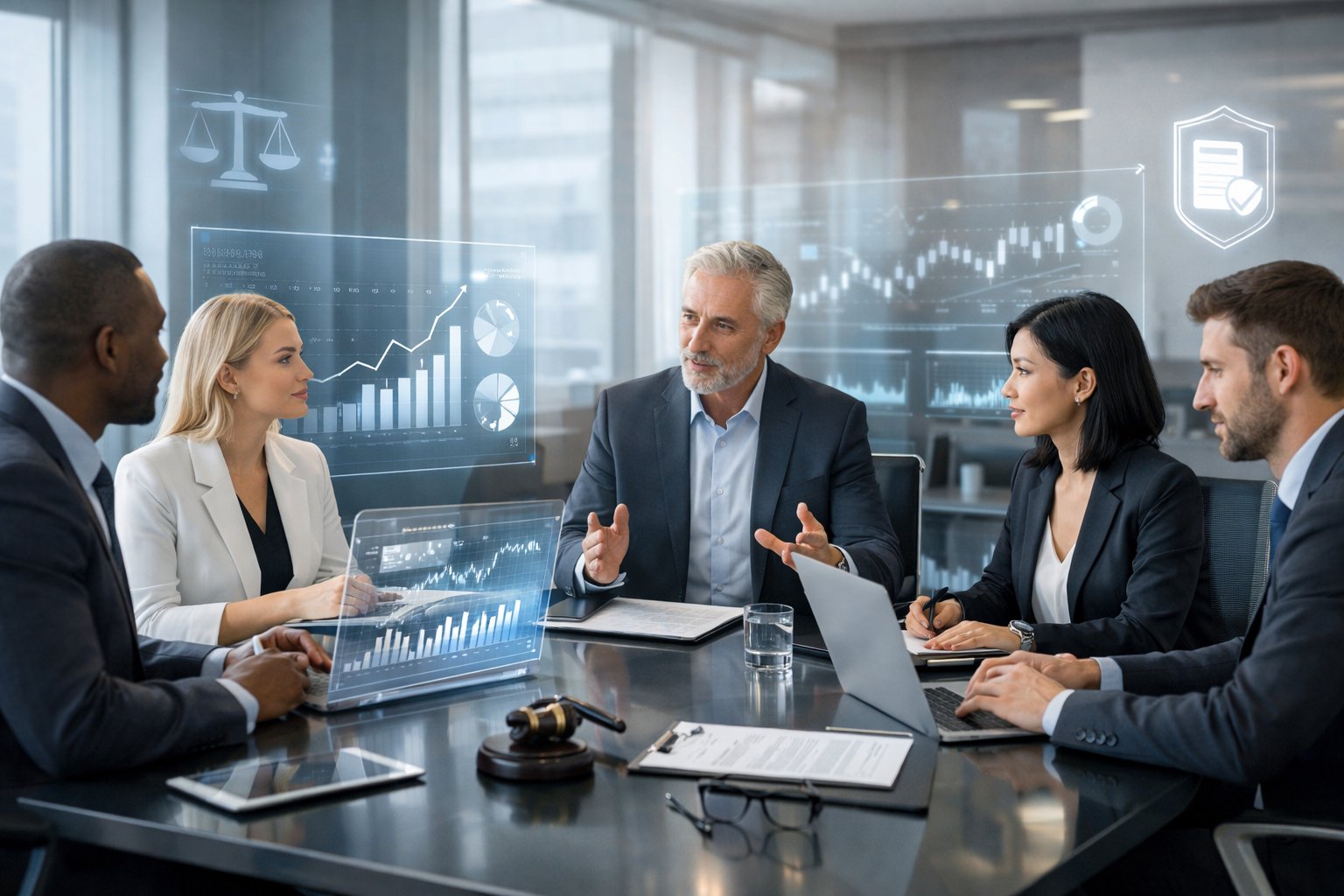 Des professionnels en réunion dans un bureau moderne discutant autour d'une table avec des écrans affichant des graphiques et des données financières.