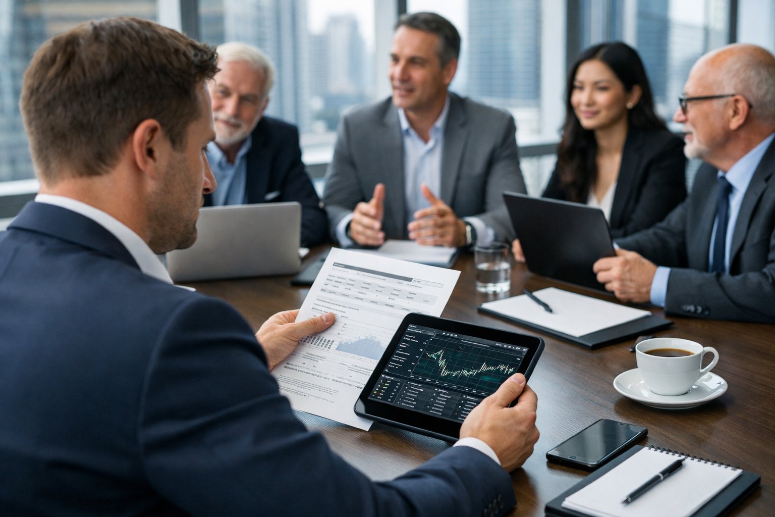 Des professionnels en réunion autour d'une table discutant d'un achat sur le marché de gré à gré, avec des documents et des appareils électroniques dans un bureau moderne.