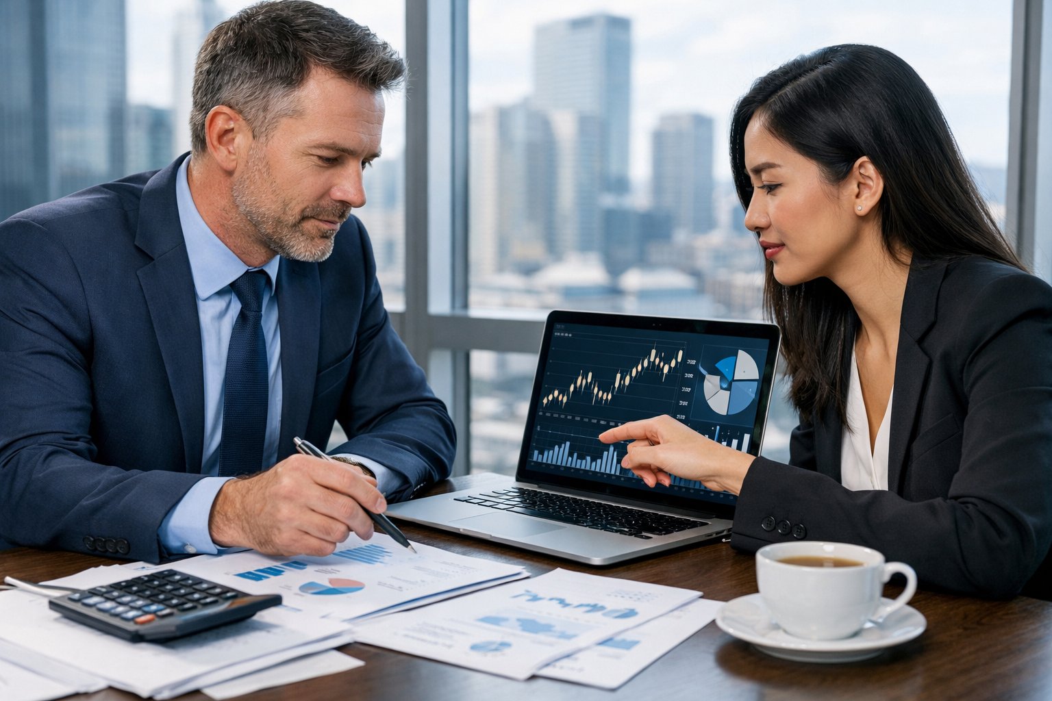Deux professionnels en discussion autour de documents financiers dans un bureau moderne avec une vue sur la ville.