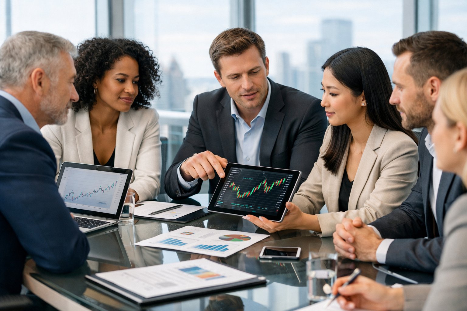 Des professionnels en réunion d'affaires discutant autour d'une table avec des documents et des appareils électroniques dans un bureau moderne lumineux.