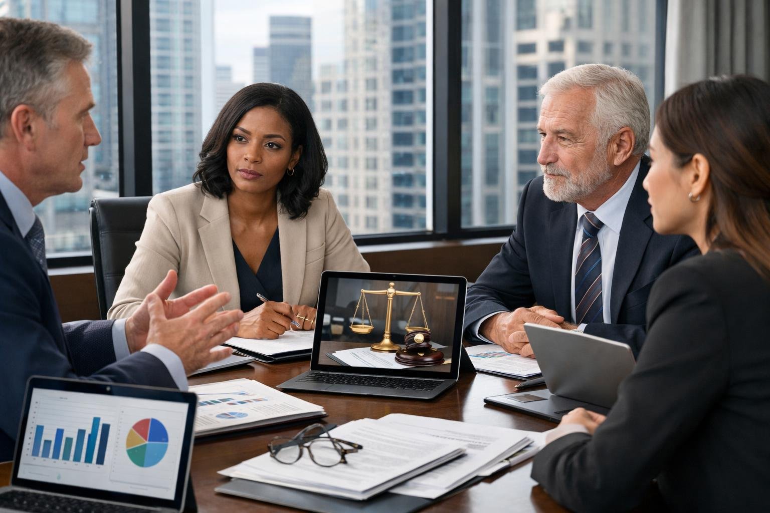 Un groupe de professionnels en réunion autour d'une table de conférence avec des documents et des appareils électroniques, dans un bureau moderne avec une vue sur la ville.