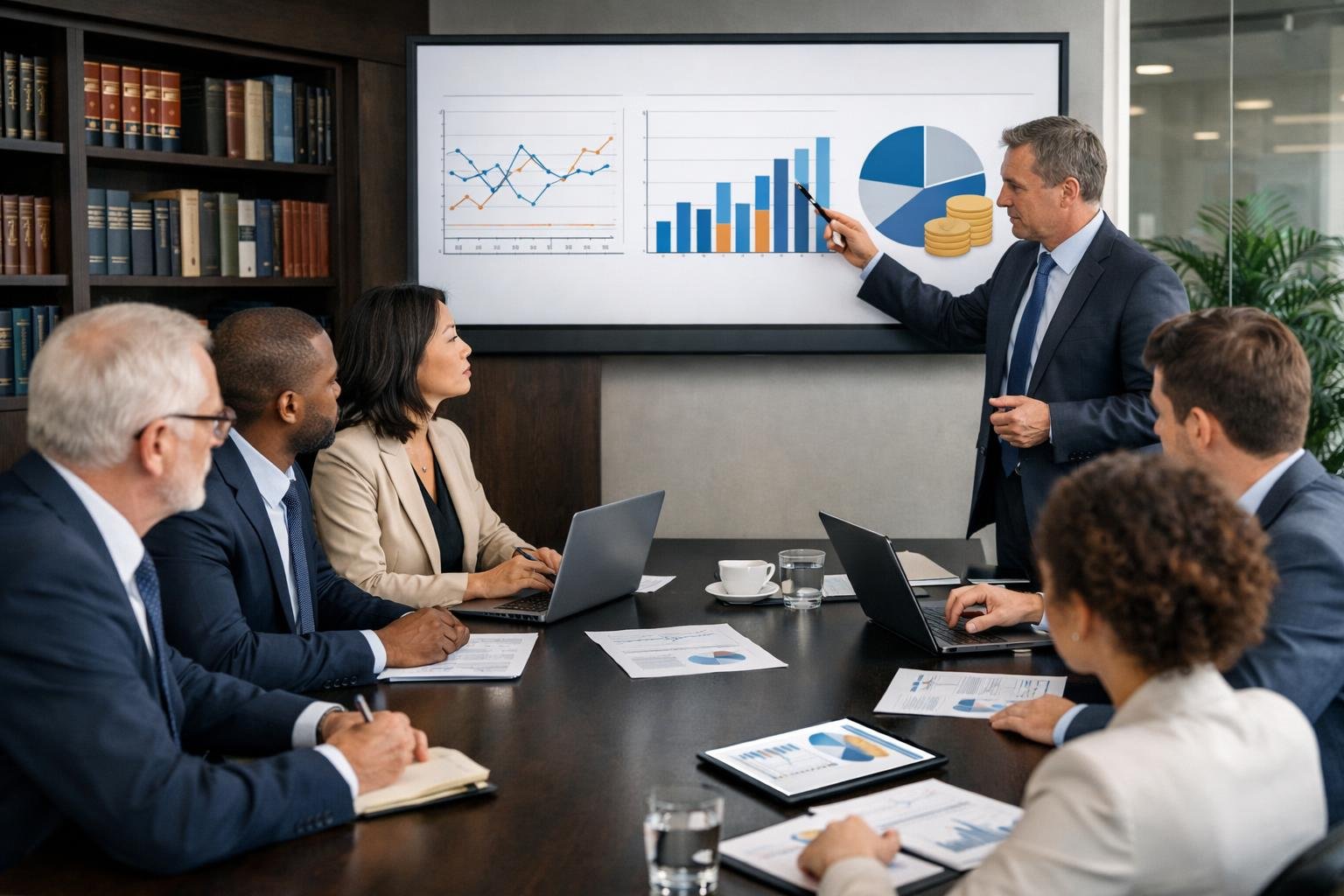 Des professionnels en réunion autour d'une table de conférence discutant de contrats et de révision des prix dans un bureau moderne.