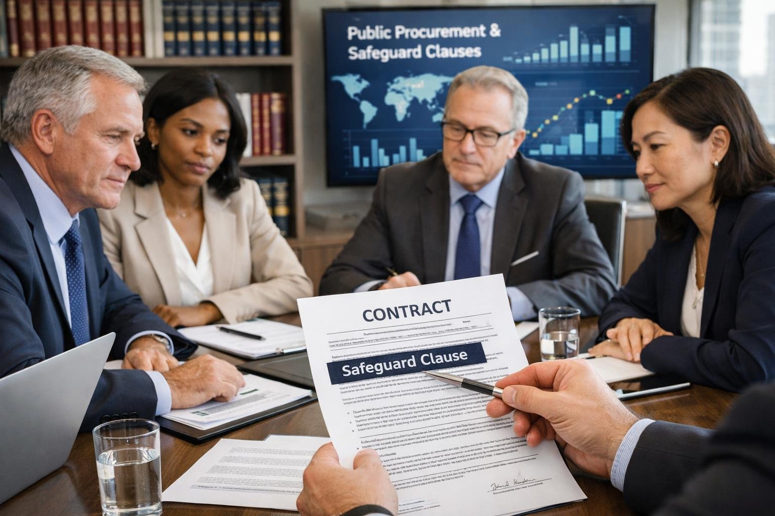 Un groupe de professionnels en réunion autour d'une table, examinant des documents juridiques dans un bureau lumineux.