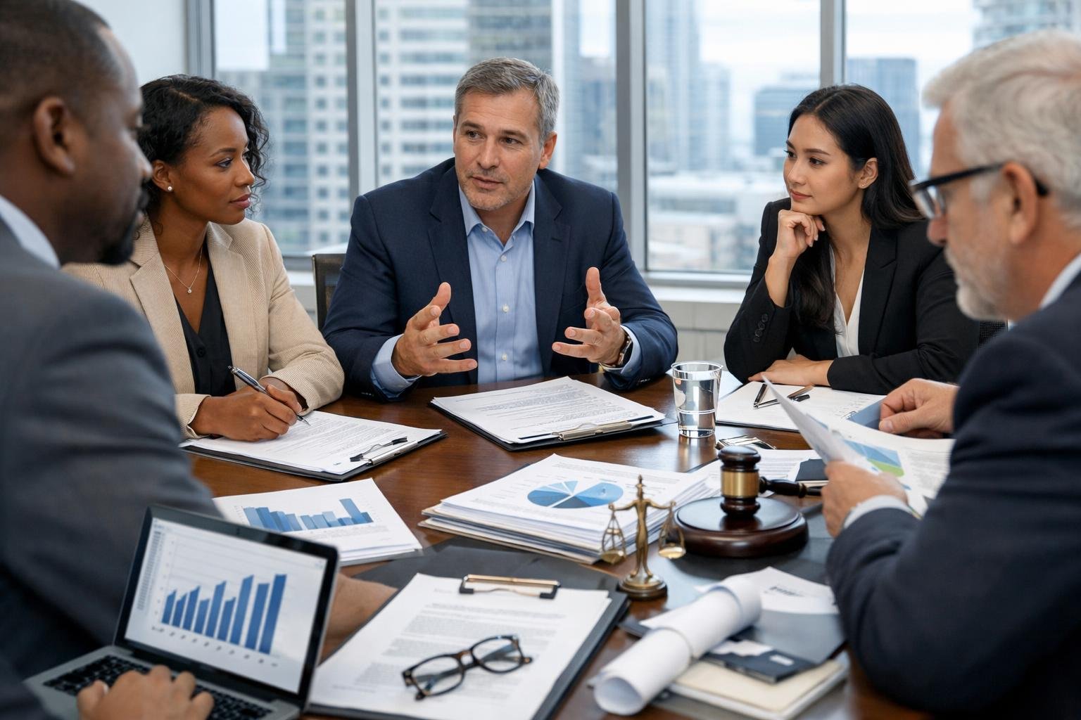 Des professionnels en réunion autour d'une table de conférence dans un bureau moderne, discutant de documents et d'ordinateurs portables.