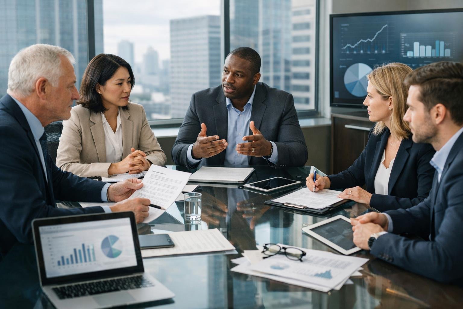 Des professionnels en réunion dans une salle de conférence moderne, examinant des documents et discutant autour d'une grande table en verre.
