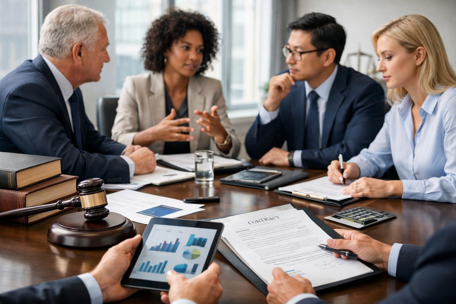 Des professionnels en réunion autour d'une table de conférence, examinant des documents et discutant dans un bureau lumineux.
