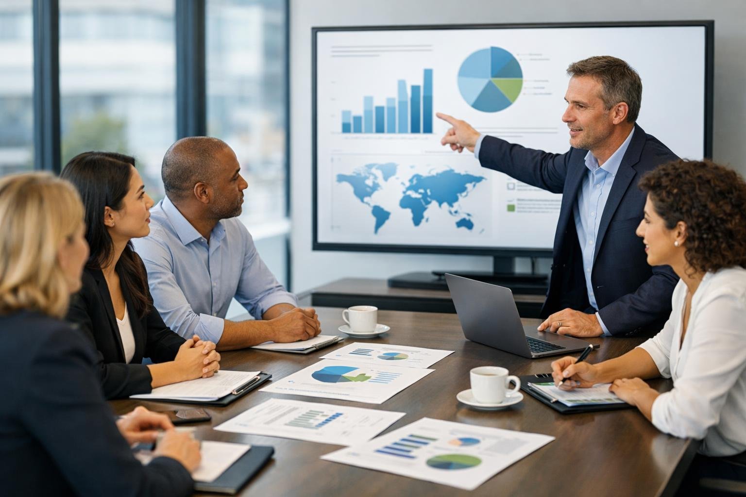 Un groupe de professionnels en réunion autour d'une table de conférence, discutant et analysant des documents dans un bureau lumineux.