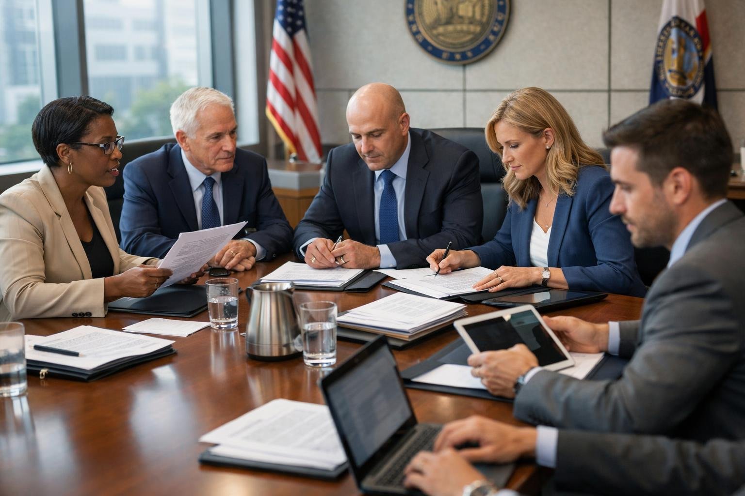 Des agents publics discutant autour d'une table de réunion dans un bureau moderne, examinant des documents et utilisant des ordinateurs portables.