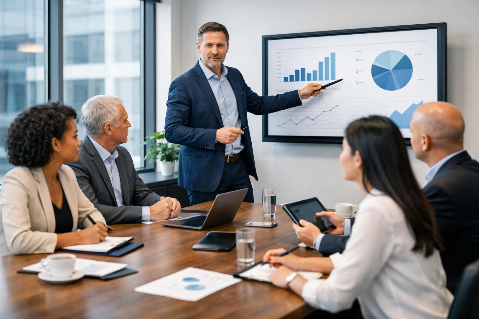 Des professionnels en réunion dans une salle de conférence moderne, discutant et collaborant autour d'une table avec des ordinateurs portables et des documents.