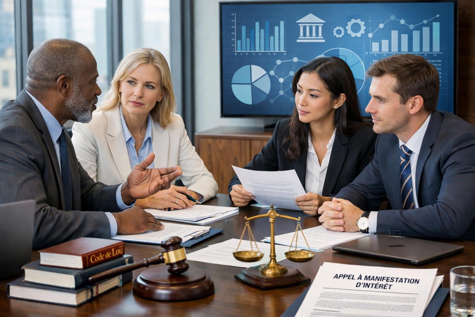 Un groupe de professionnels en réunion autour d'une table avec des documents et des ordinateurs, dans un bureau lumineux avec des éléments juridiques visibles.