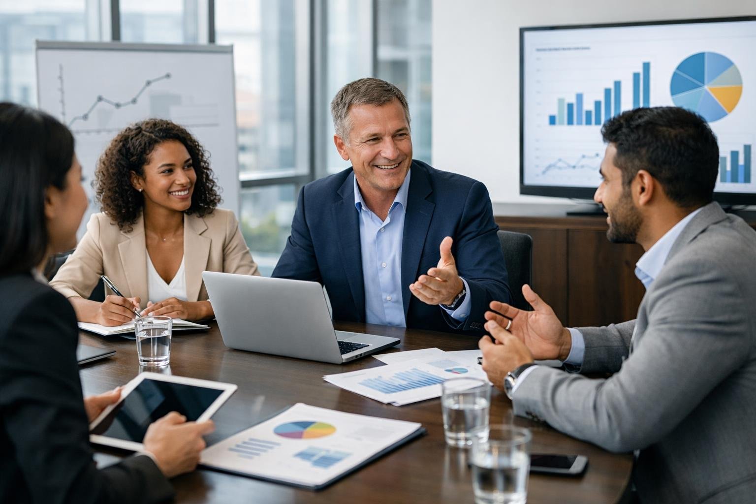 Groupe de professionnels en réunion autour d'une table de conférence dans un bureau lumineux, discutant et collaborant activement.