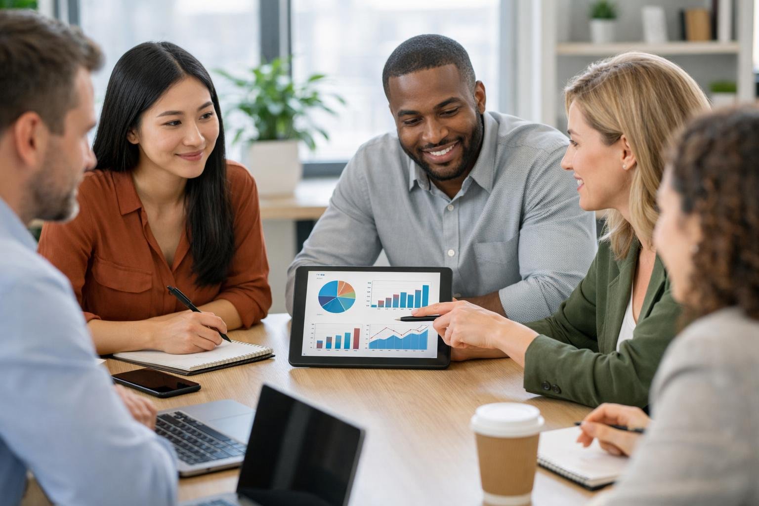 Un groupe de personnes en réunion autour d'une table de conférence, discutant et collaborant dans un bureau moderne lumineux.