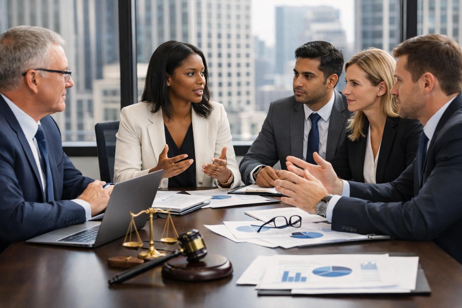 Un groupe de professionnels en réunion dans une salle de conférence moderne, discutant autour d'une table avec des documents et des ordinateurs portables.