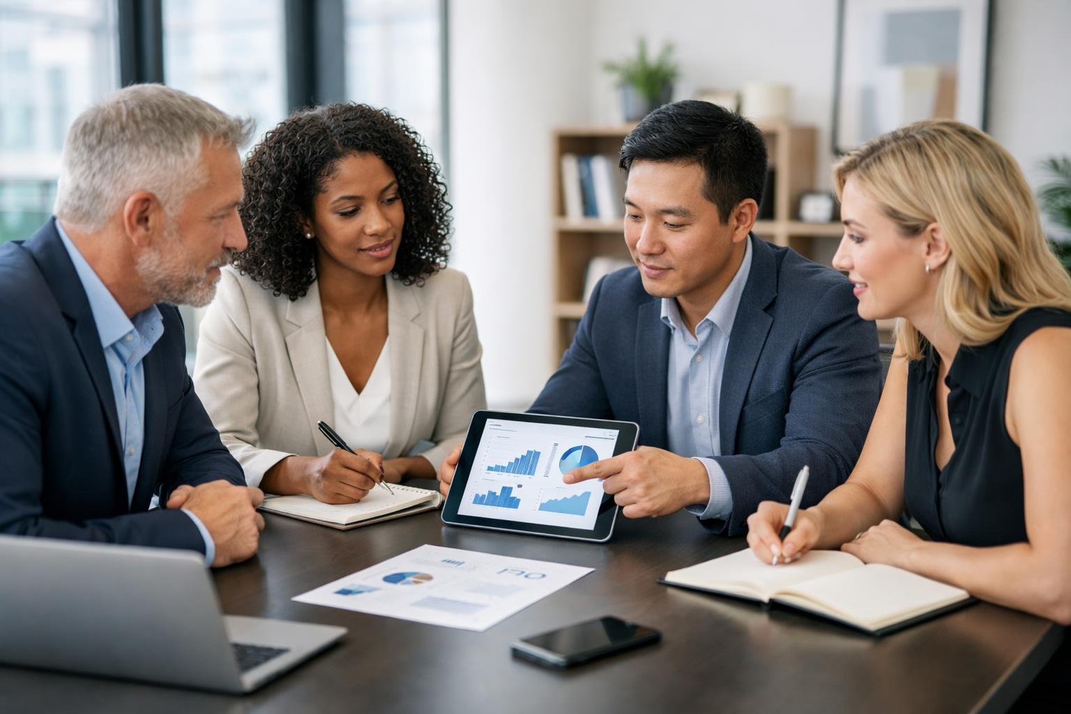 Quatre professionnels en réunion autour d'une table de conférence, discutant et examinant des documents et des appareils numériques dans un bureau lumineux.