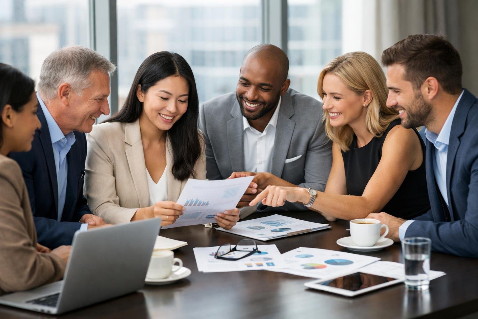 Un groupe diversifié de professionnels en réunion autour d'une table de conférence dans un bureau moderne, discutant et collaborant ensemble.