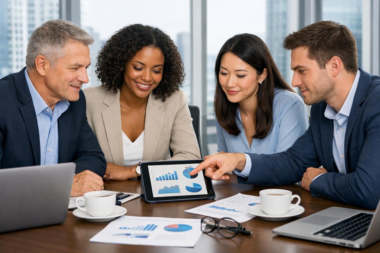 Quatre professionnels en réunion autour d'une table de conférence, discutant et analysant des documents dans un bureau lumineux avec vue sur la ville.