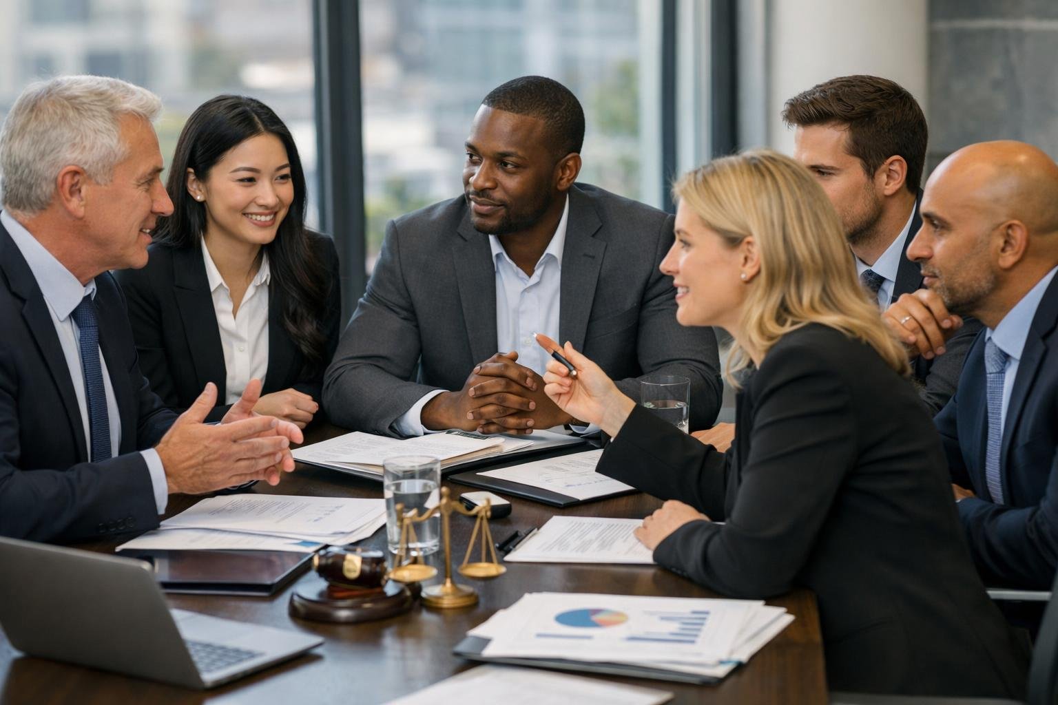 Un groupe de professionnels en réunion autour d'une table de conférence, discutant et collaborant dans un bureau moderne.