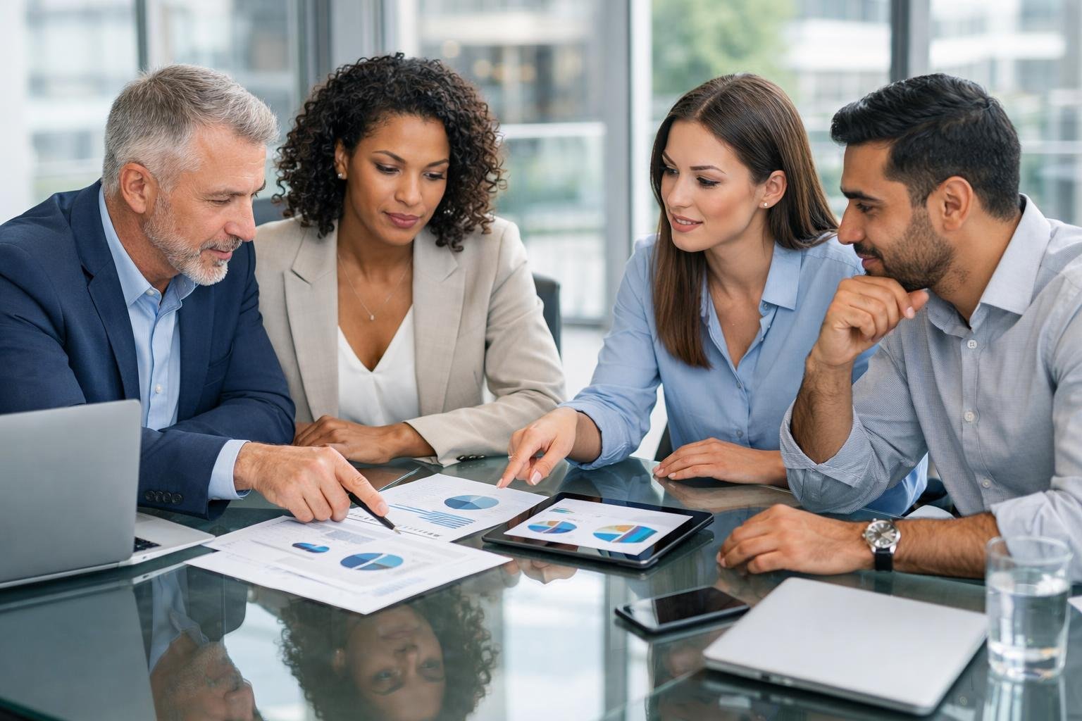 Quatre professionnels discutant autour d'une table de conférence dans un bureau lumineux, examinant des documents et des écrans pour prendre une décision.