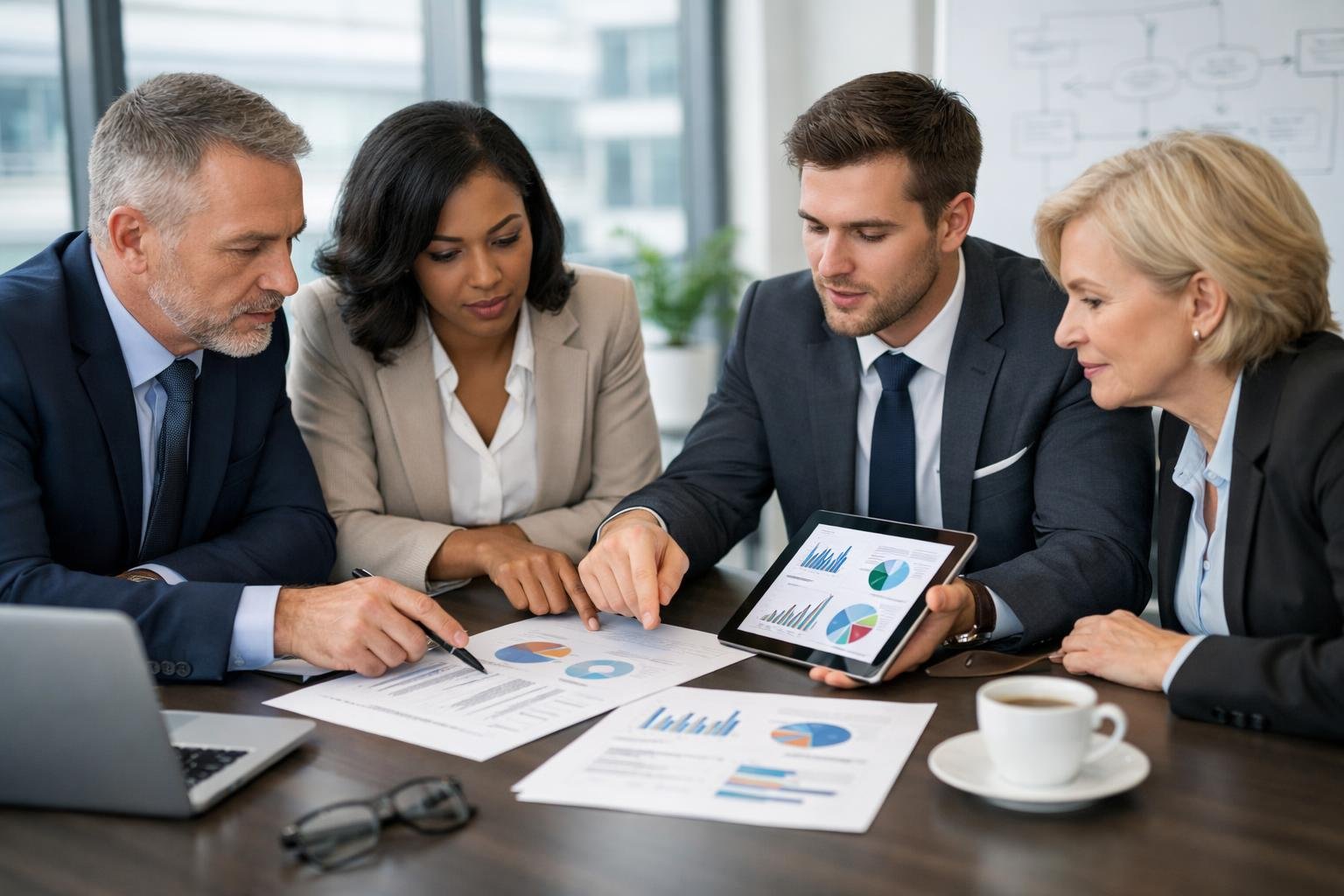 Quatre professionnels en réunion autour d'une table de conférence, discutant et examinant des documents dans un bureau moderne lumineux.
