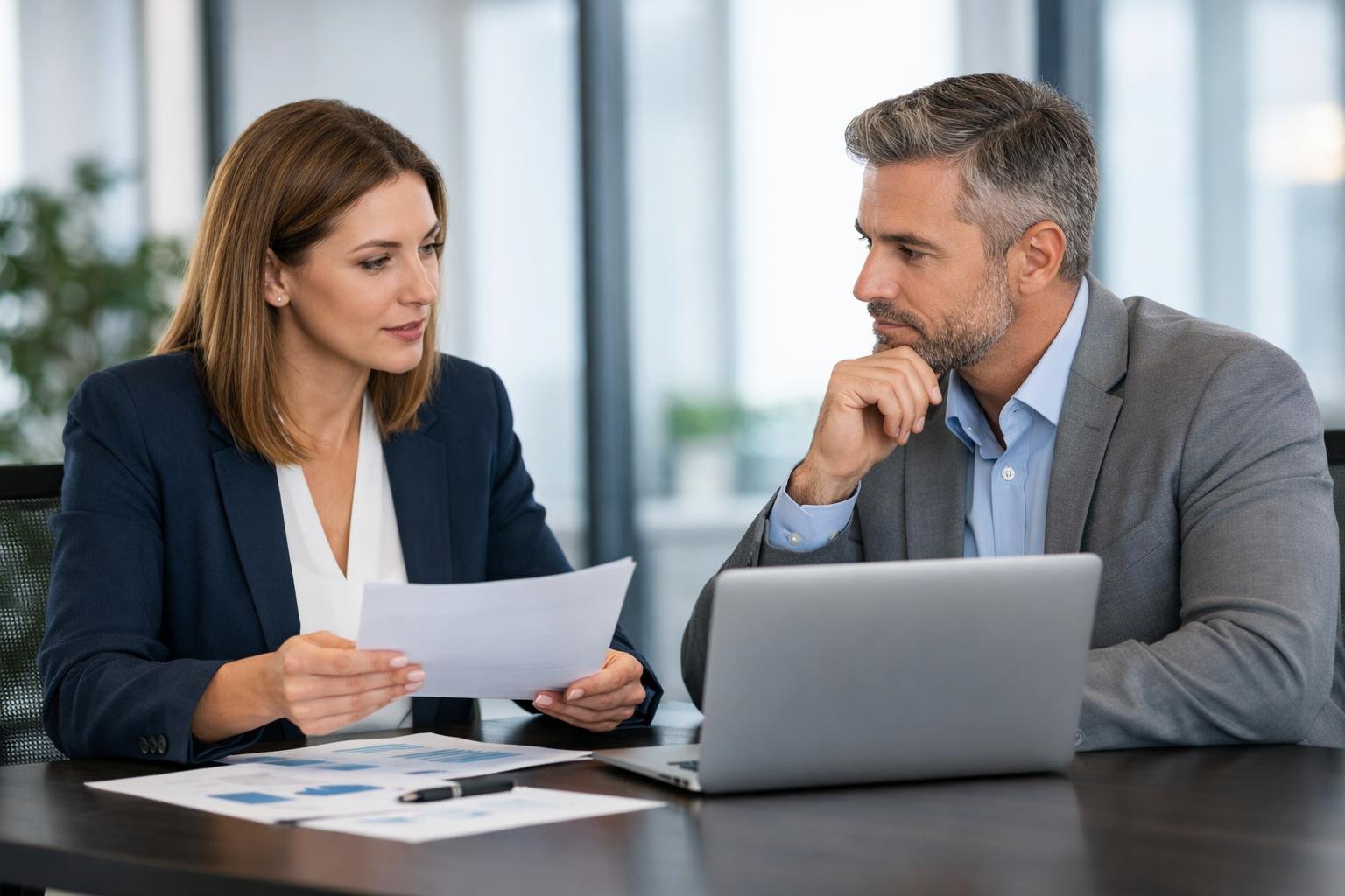 Deux professionnels en réunion dans un bureau moderne, discutant autour d'une table avec des documents et un ordinateur portable.