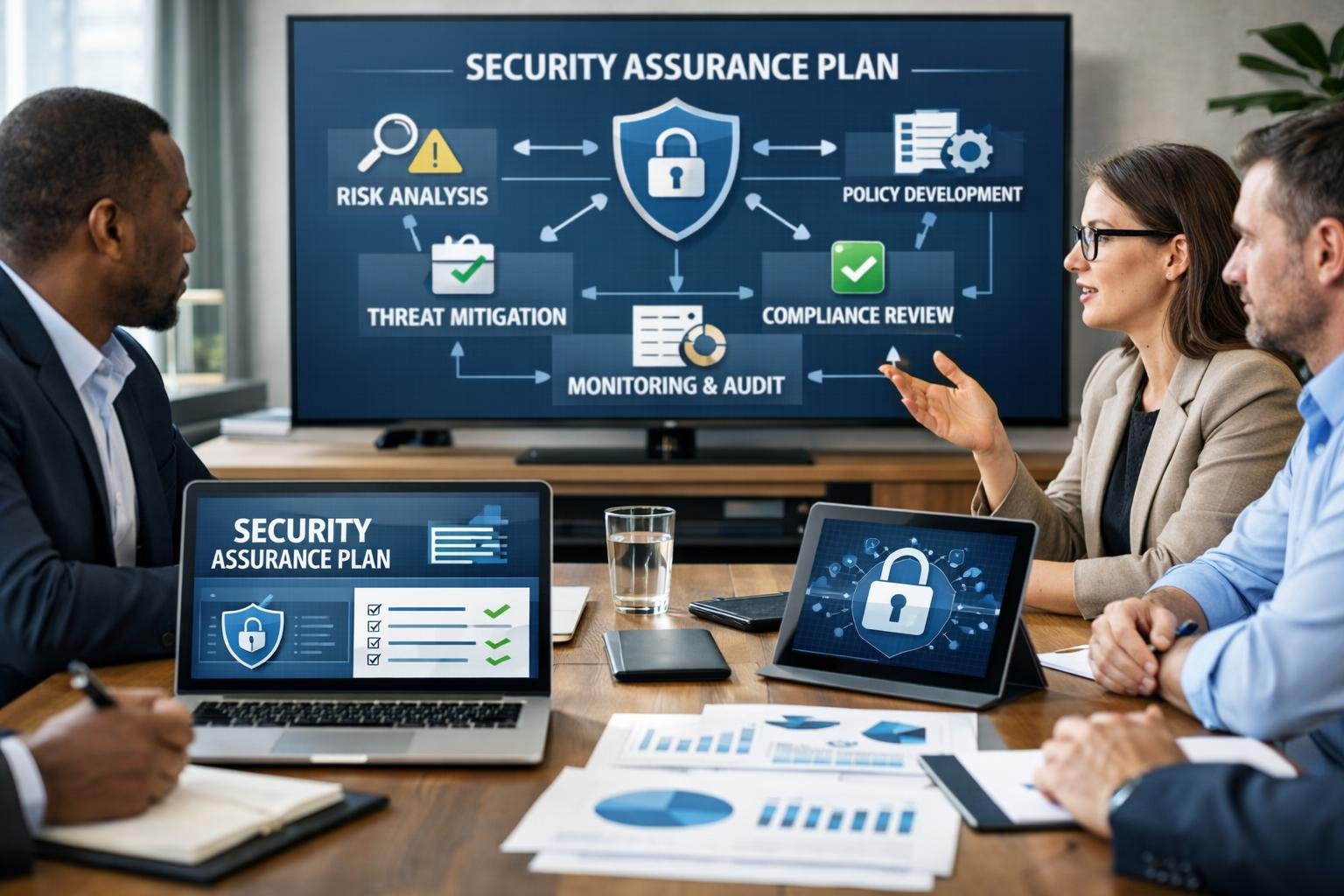 Un groupe de professionnels en réunion autour d'une table de conférence dans un bureau moderne, discutant de documents et de diagrammes liés à la sécurité.