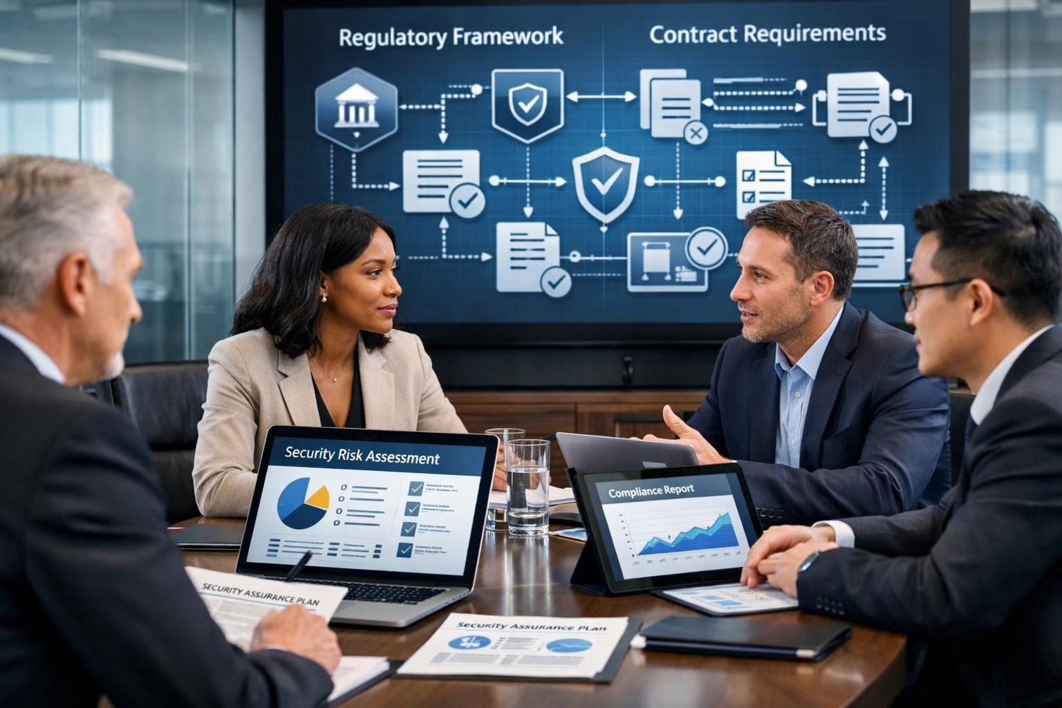 Des professionnels en réunion autour d'une table de conférence avec des documents et des écrans affichant des diagrammes liés à un plan d'assurance sécurité.