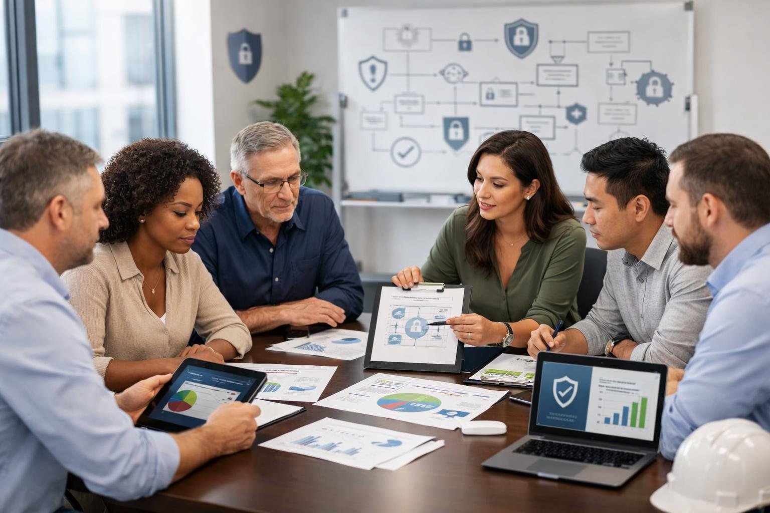 Un groupe de professionnels en réunion dans un bureau lumineux, discutant autour d'une table avec des documents et des tablettes liés à la sécurité.