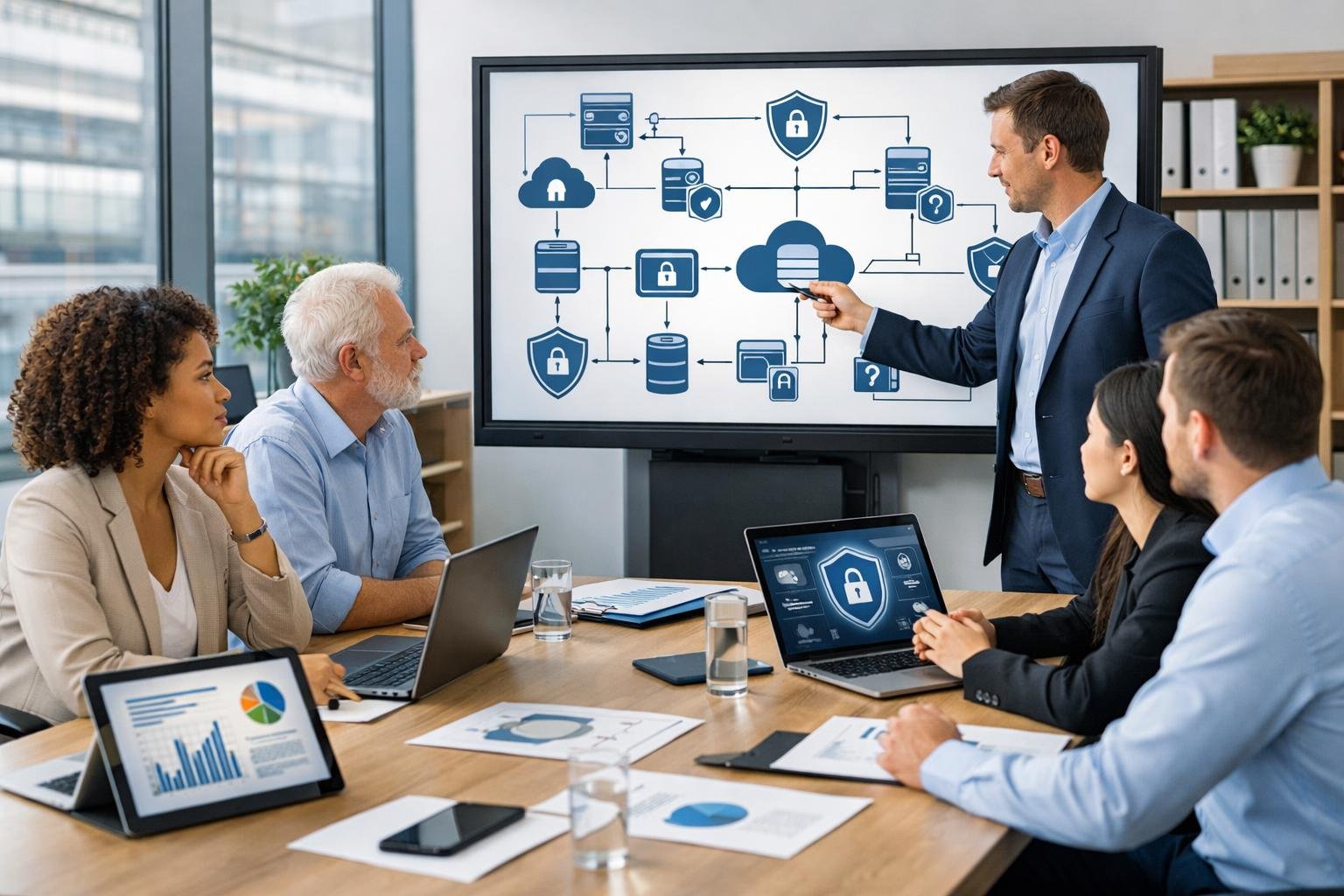 Un groupe de professionnels en réunion autour d'une table, discutant d'un plan d'assurance sécurité dans un bureau moderne.
