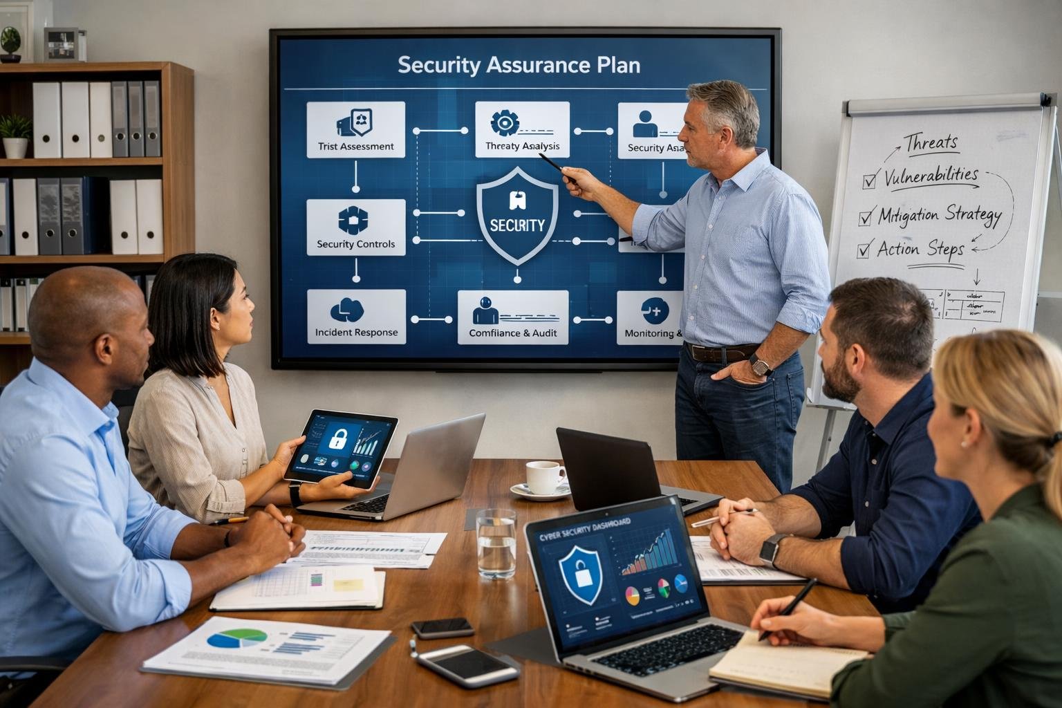 Un groupe de professionnels en réunion autour d'une table de conférence, travaillant sur un plan de sécurité avec des ordinateurs et un écran affichant des diagrammes.