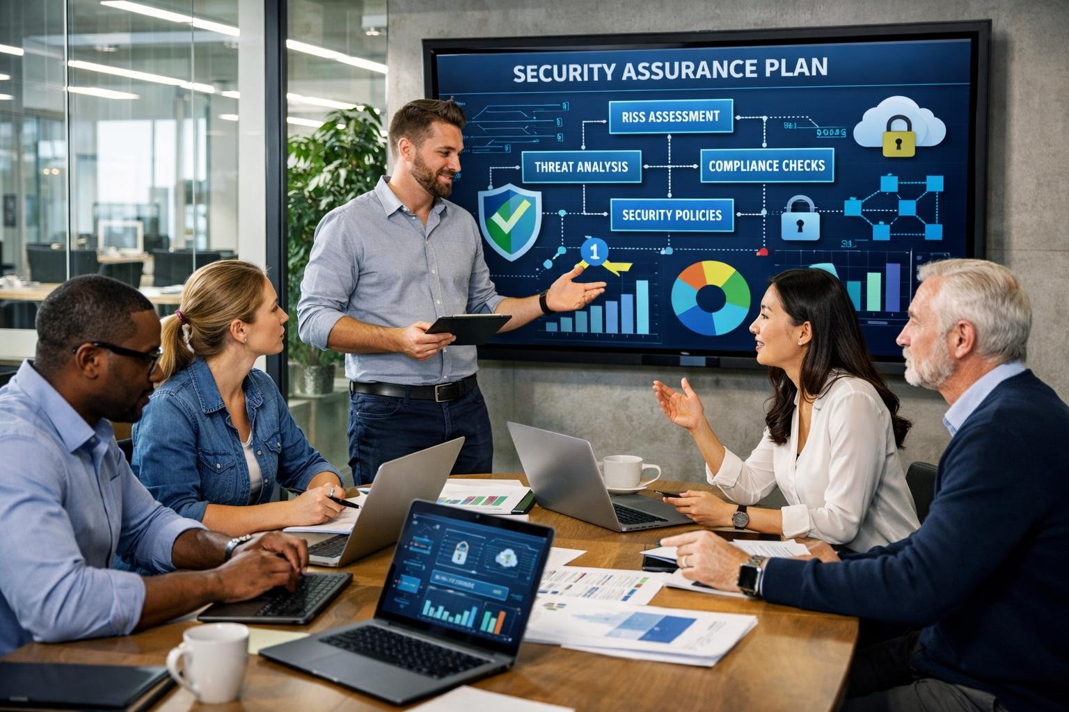 Une équipe de professionnels en réunion dans une salle de conférence moderne, collaborant sur un plan d’assurance sécurité avec des écrans et des documents.