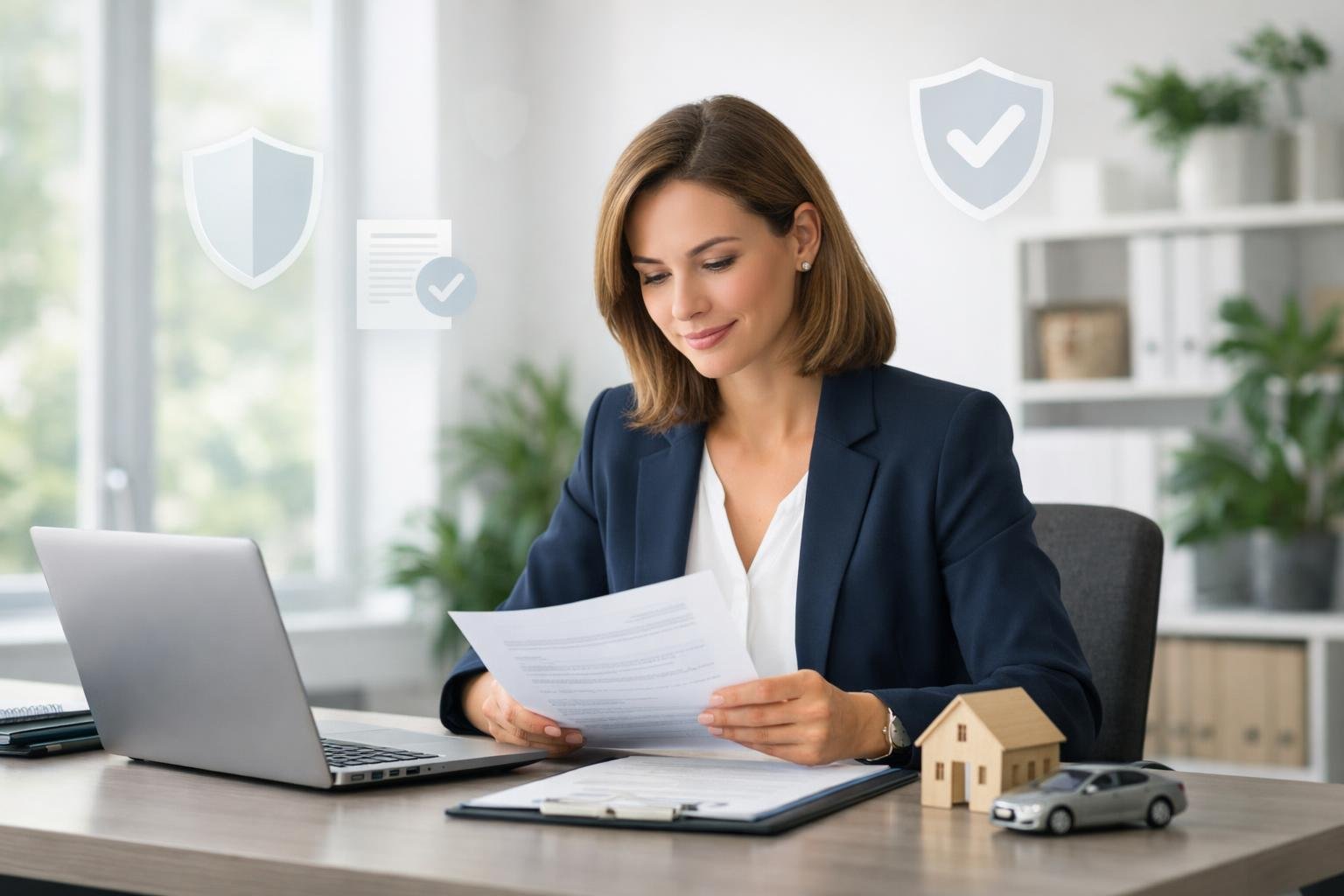 Une femme d'affaires examinant des documents dans un bureau moderne lumineux, avec des symboles de sécurité en arrière-plan.