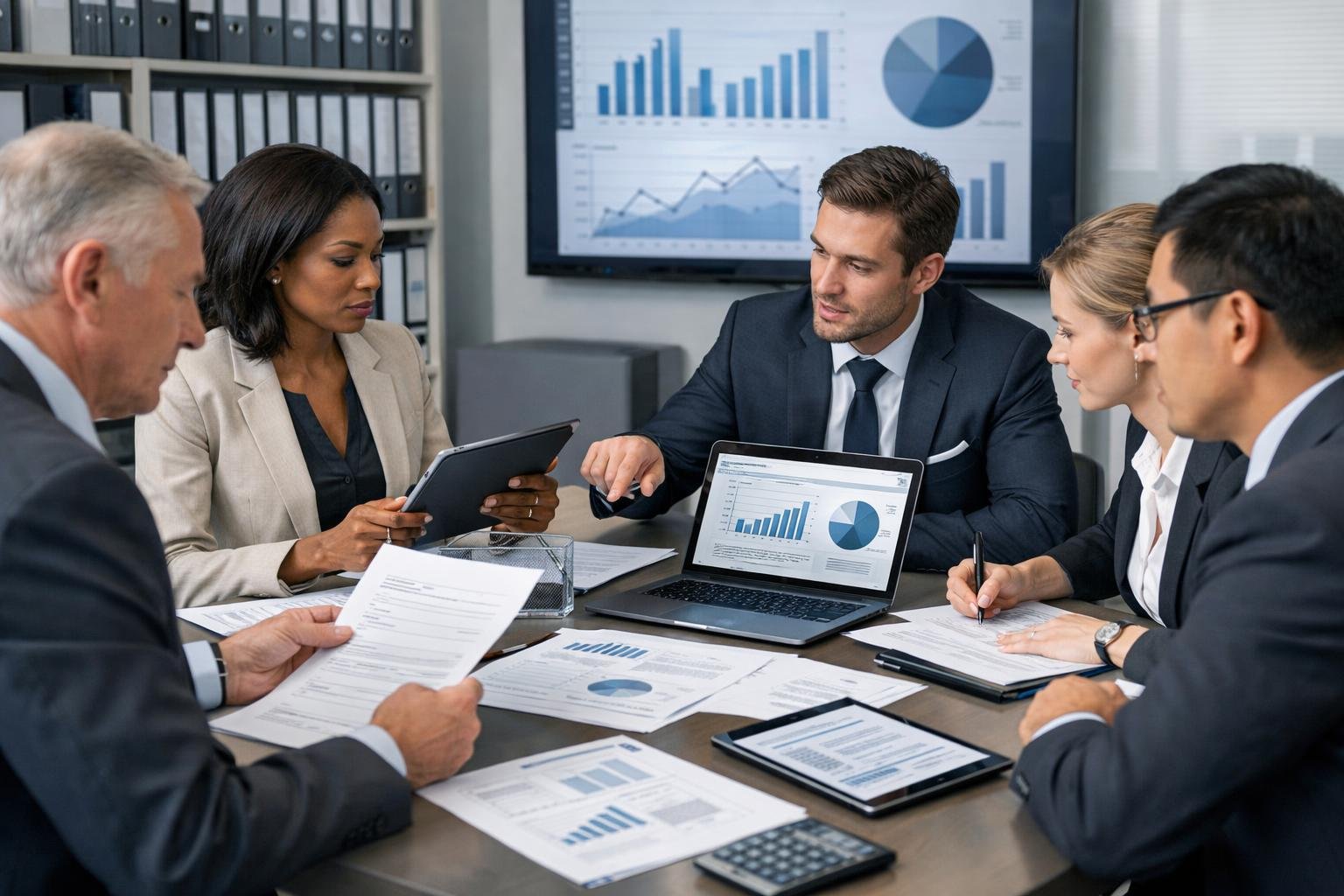 Des professionnels en réunion dans un bureau moderne, examinant des documents et des appareils numériques liés aux marchés publics.