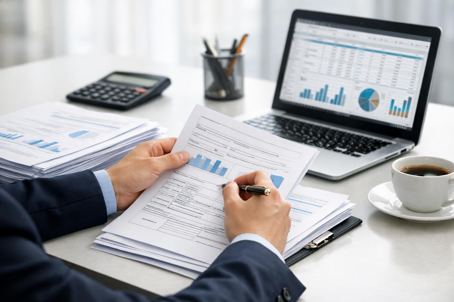Une personne en tenue professionnelle examine des documents officiels sur un bureau moderne avec un ordinateur portable et des fournitures de bureau.