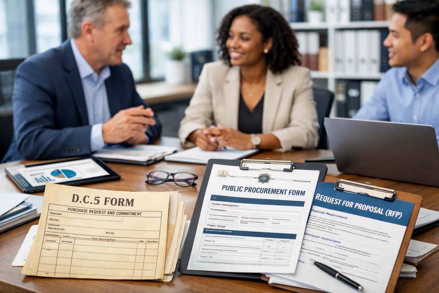 Des professionnels discutant autour d'une table de réunion avec des documents officiels et des appareils numériques dans un bureau lumineux.