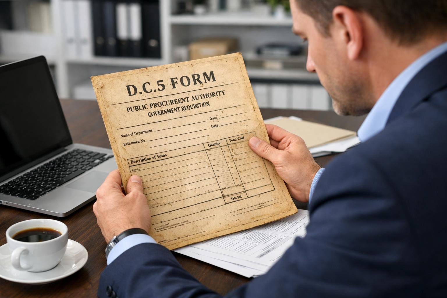 Une personne en bureau professionnel examine attentivement un ancien document officiel sur un bureau bien organisé.