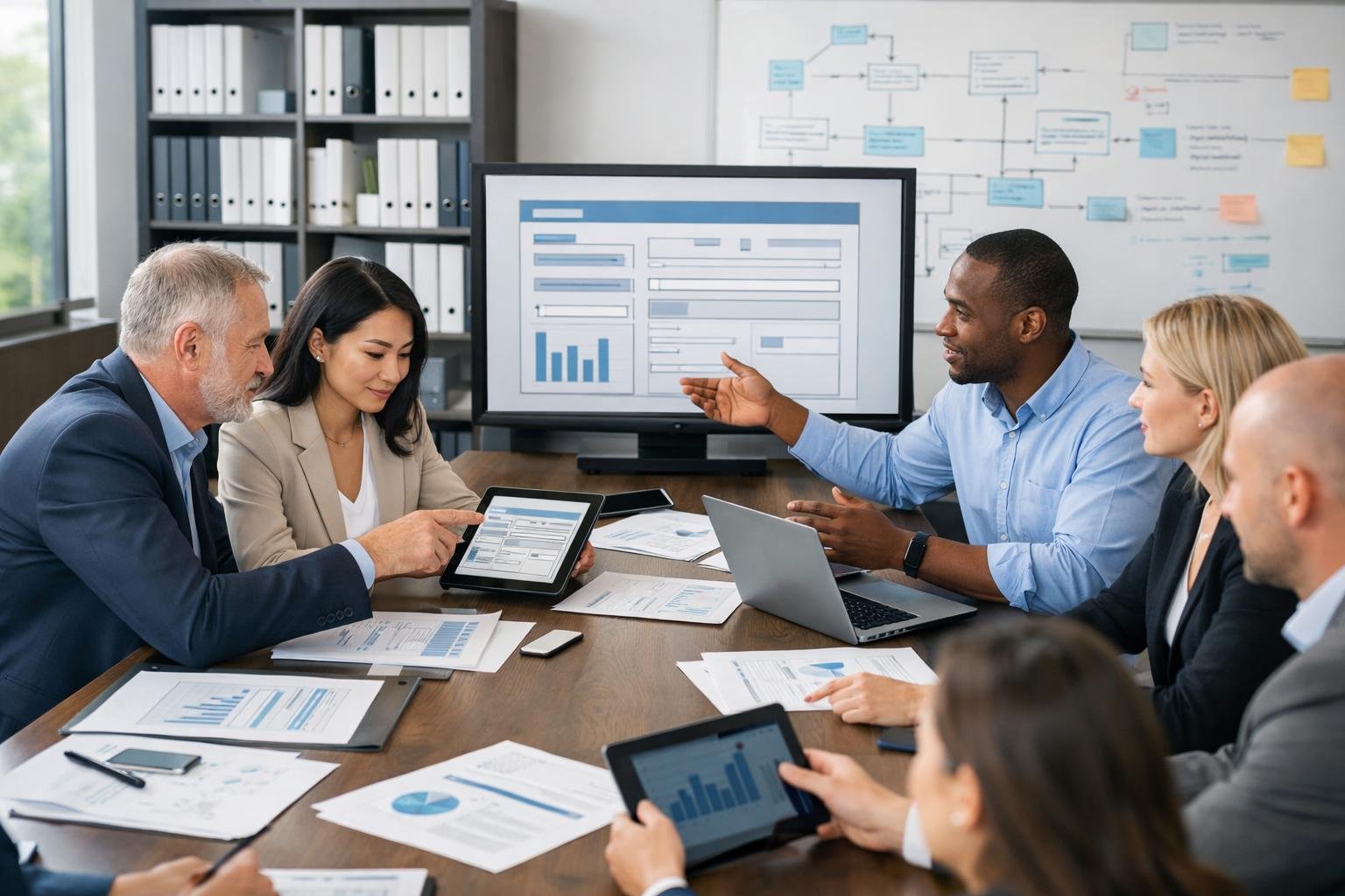 Des professionnels en réunion autour d'une table de conférence, discutant de documents et utilisant des ordinateurs dans un bureau moderne.