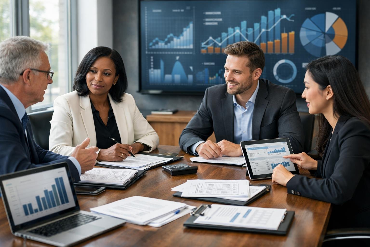 Un groupe de professionnels en réunion autour d'une table de conférence avec des documents et des ordinateurs dans un bureau moderne.