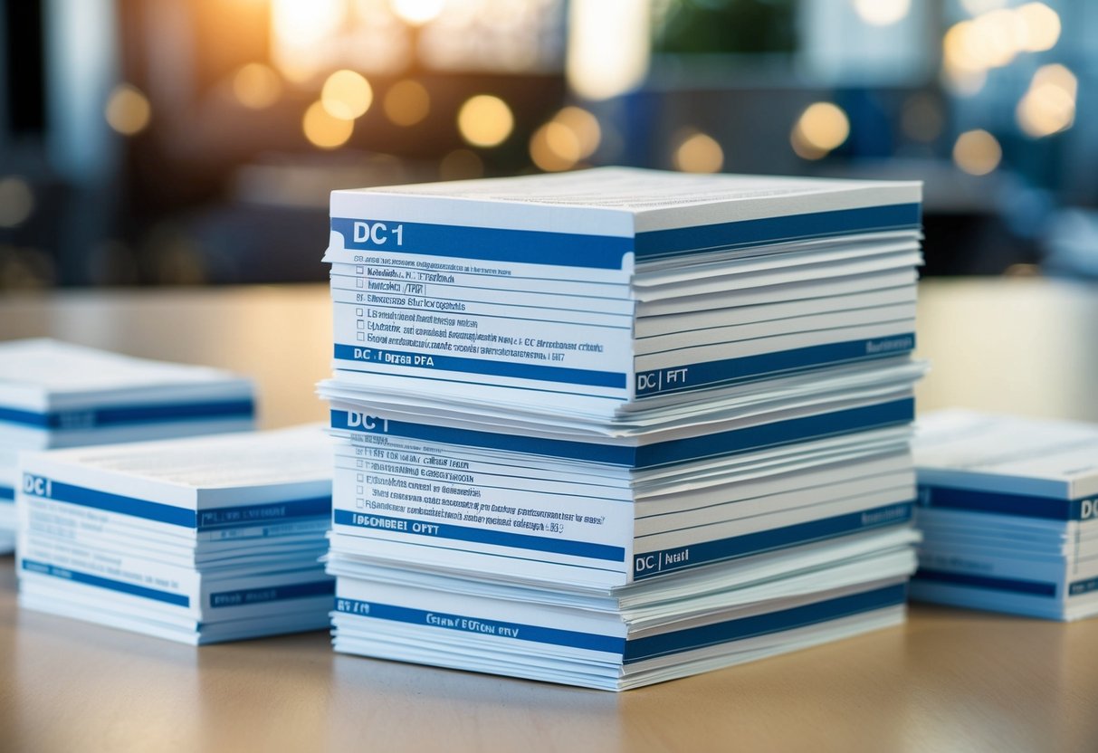 Une pile de formulaires DC1 se distingue parmi d'autres formulaires, avec des en-têtes et des sections distincts, représentant les différences entre eux.