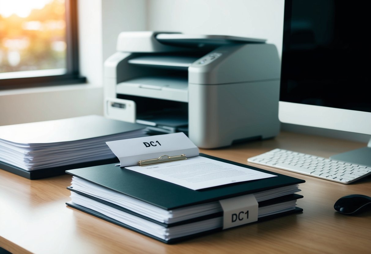 Un bureau avec une pile de papiers, un ordinateur et une imprimante. Un dossier ouvert étiqueté "DC1" avec un document à l'intérieur.