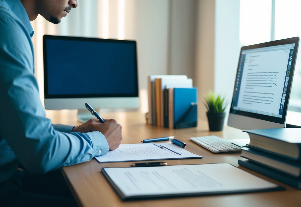 Un bureau avec un ordinateur, un stylo et du papier. Une personne faisant des recherches et écrivant une lettre de candidature. Un espace de travail organisé avec des livres et des documents de référence.