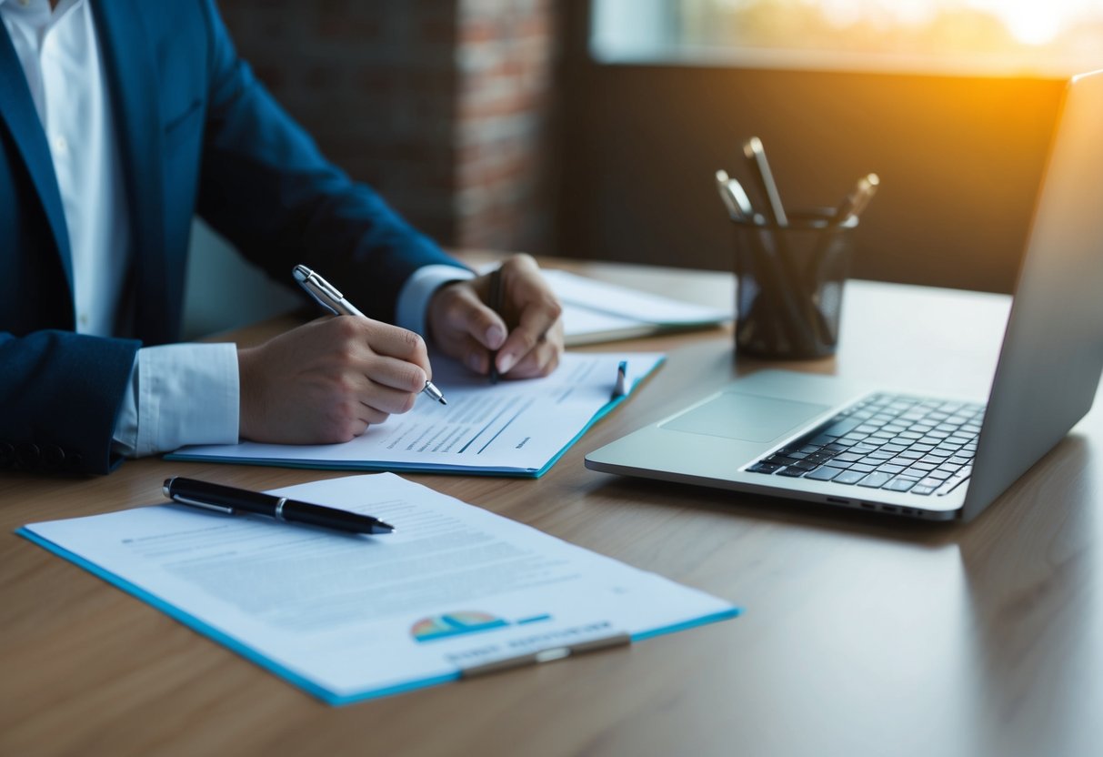 Un bureau avec un ordinateur portable, un stylo et du papier. Une personne faisant des recherches et rédigeant une lettre de candidature dans le cadre d'une stratégie mondiale.