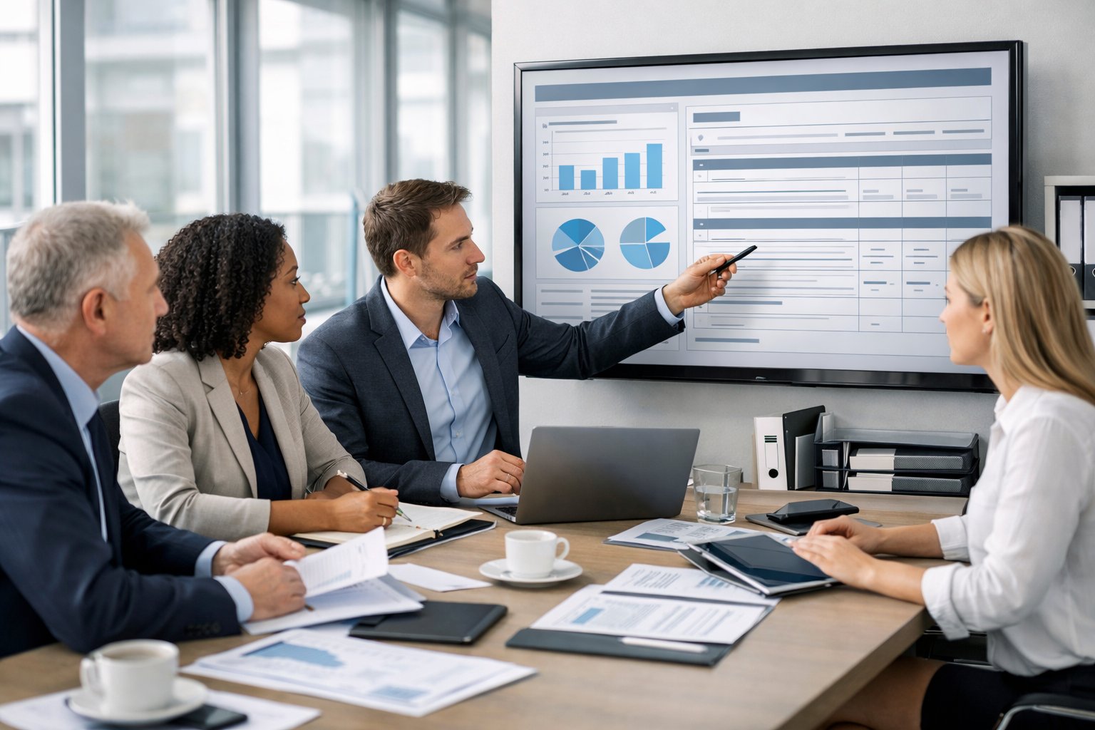 Des professionnels en réunion dans un bureau moderne, travaillant ensemble autour de documents et d'ordinateurs.