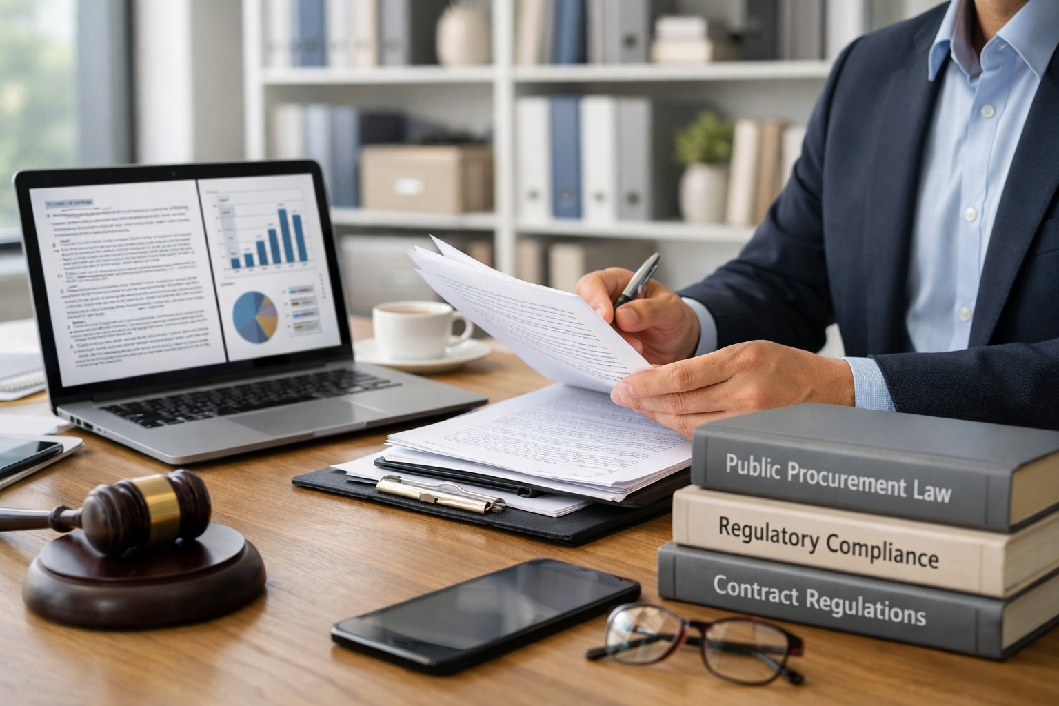 Personne en tenue professionnelle examinant des documents dans un bureau moderne, avec un ordinateur portable et des étagères de dossiers en arrière-plan.