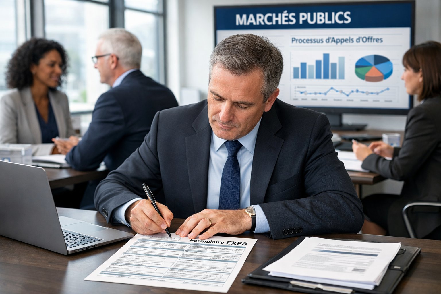 Un homme en tenue professionnelle remplit un formulaire dans un bureau moderne avec des collègues et un écran affichant des graphiques en arrière-plan.