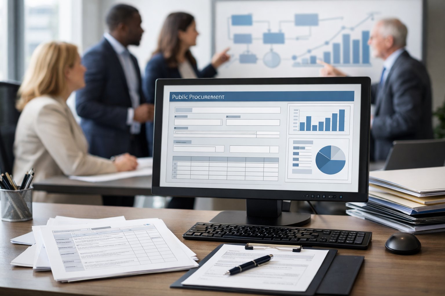 Un bureau moderne avec un ordinateur affichant un formulaire numérique, des papiers et des professionnels en discussion autour d'un écran avec des graphiques.