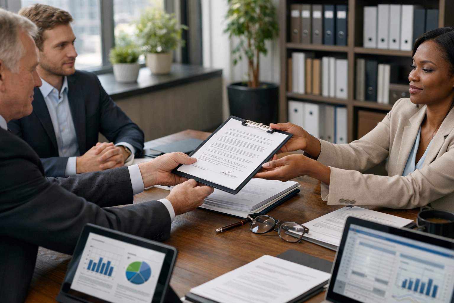 Des professionnels en réunion autour d'une table de conférence, échangeant des documents dans un bureau lumineux.