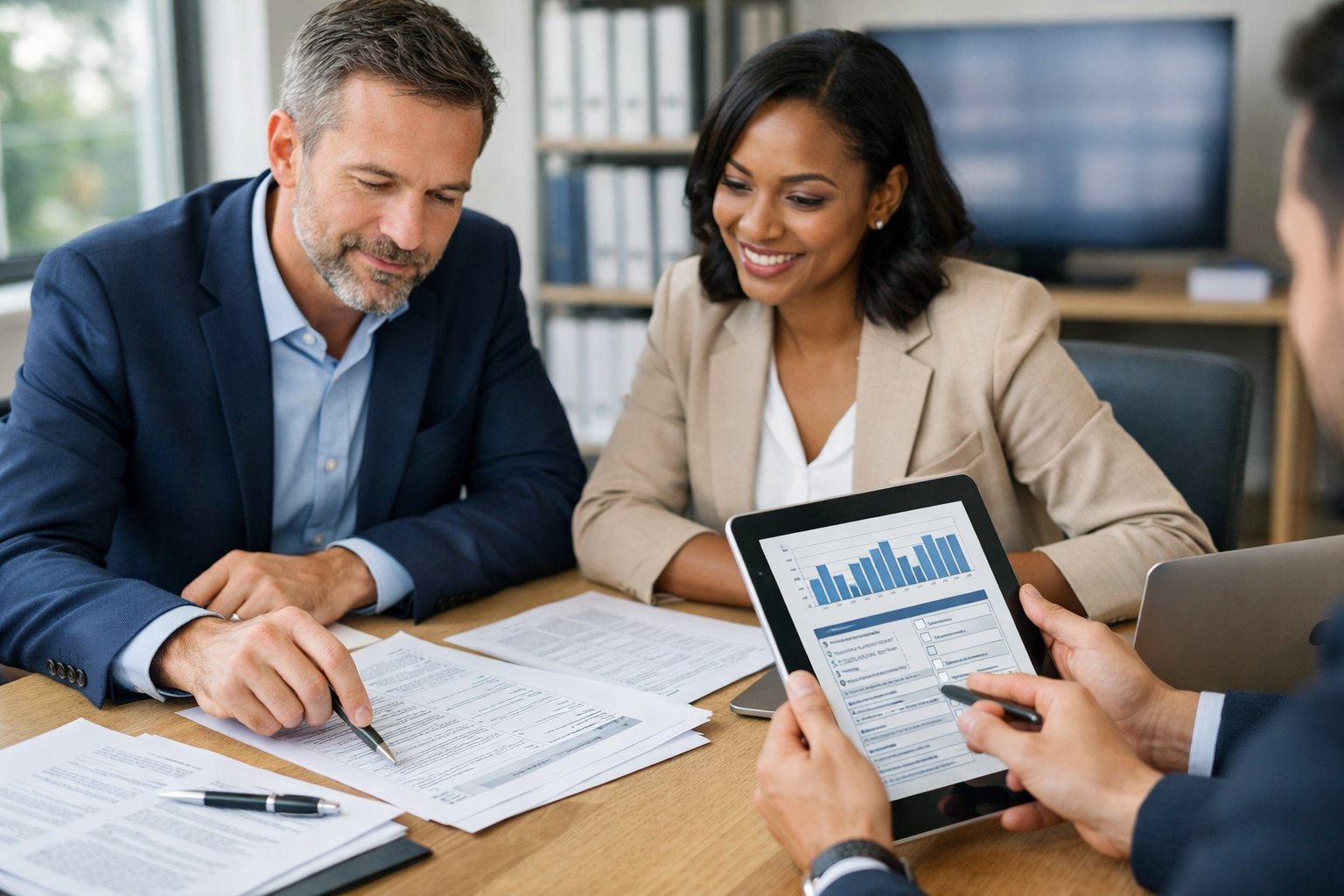 Des professionnels en bureau collaborent autour d'une table avec des ordinateurs portables et des documents, discutant d'un formulaire administratif.
