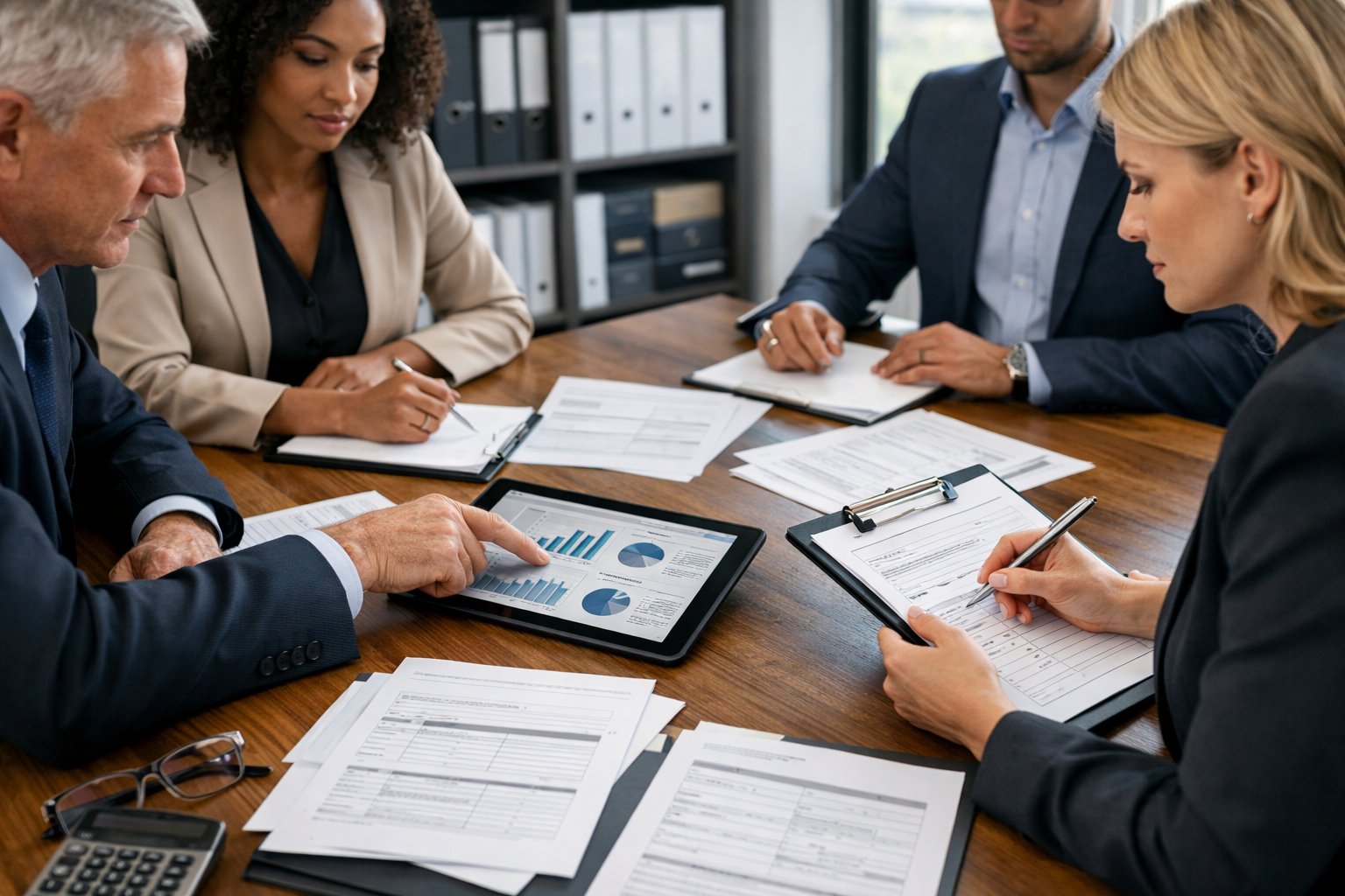 Un groupe de professionnels travaillant ensemble autour d'une table avec des documents officiels et des tablettes dans un bureau lumineux.