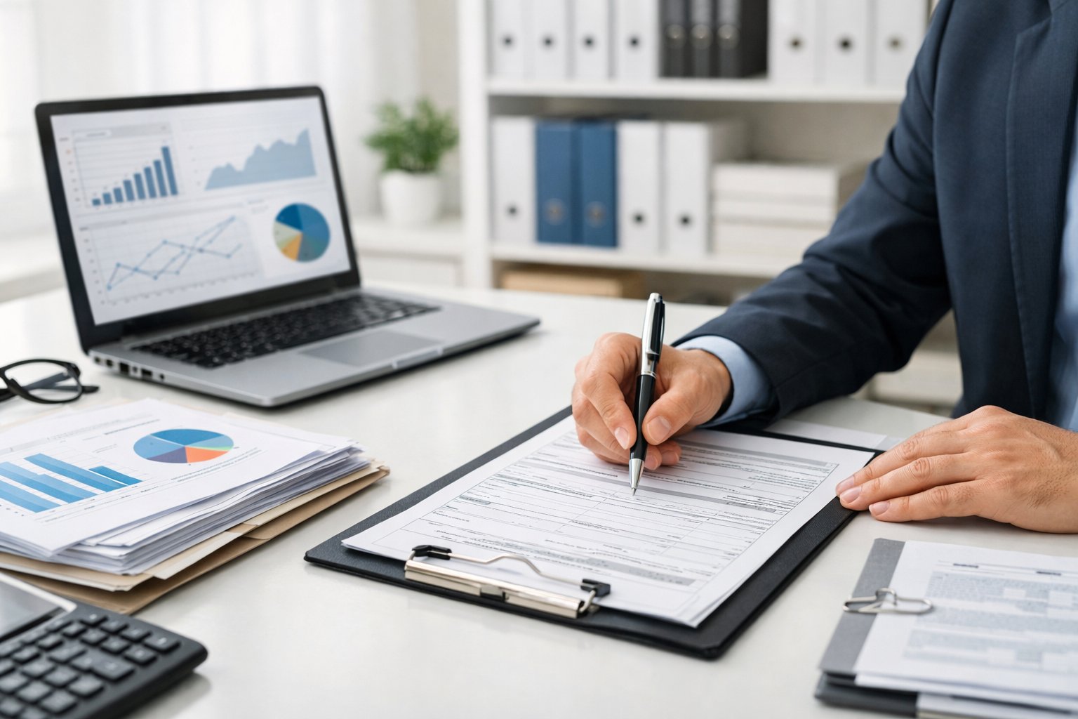 Une personne en tenue professionnelle examinant des documents administratifs sur un bureau bien organisé dans un bureau moderne et lumineux.