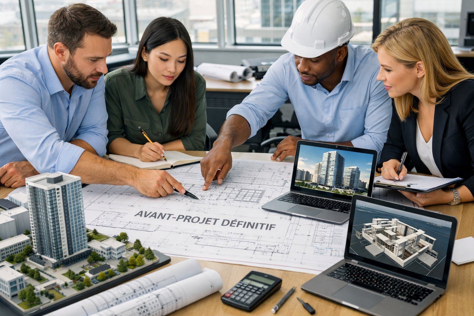 Un groupe de professionnels examine des plans et des maquettes architecturales dans un bureau lumineux.
